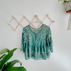 Free People Embroidered Teal Peplum Peasant Top